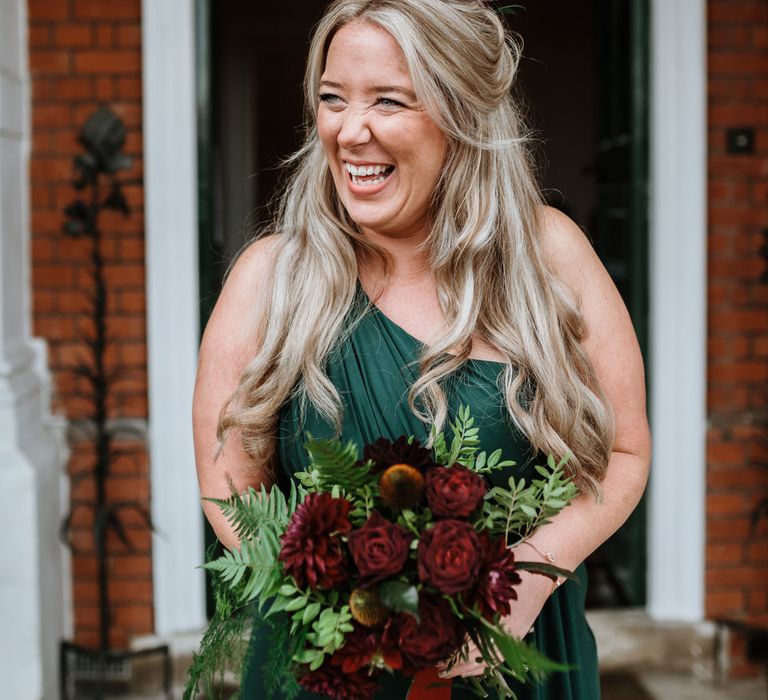 Beautiful Emerald Bridesmaid Dress | Farmhouse at Redcoats | Green Antlers Photography