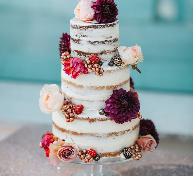 Semi Naked Wedding Cake With Fresh Flowers