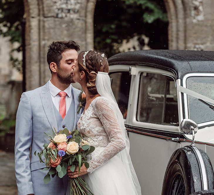 Vintage Rolls Royce | Bride in Anna Georgina Wedding Gown & Augusta Jones Tulle Skirt | Groom in Light Grey Burton Suit | Traditional Church Wedding Ceremony with Blush Colour Scheme | Jason Mark Harris Photography | Harris Films