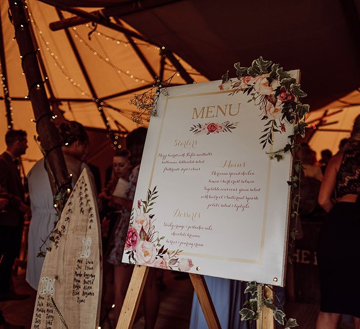 Illustrated Menu Sign | Rustic At Home Tipi Reception with Blush Colour Scheme | Jason Mark Harris Photography | Harris Films