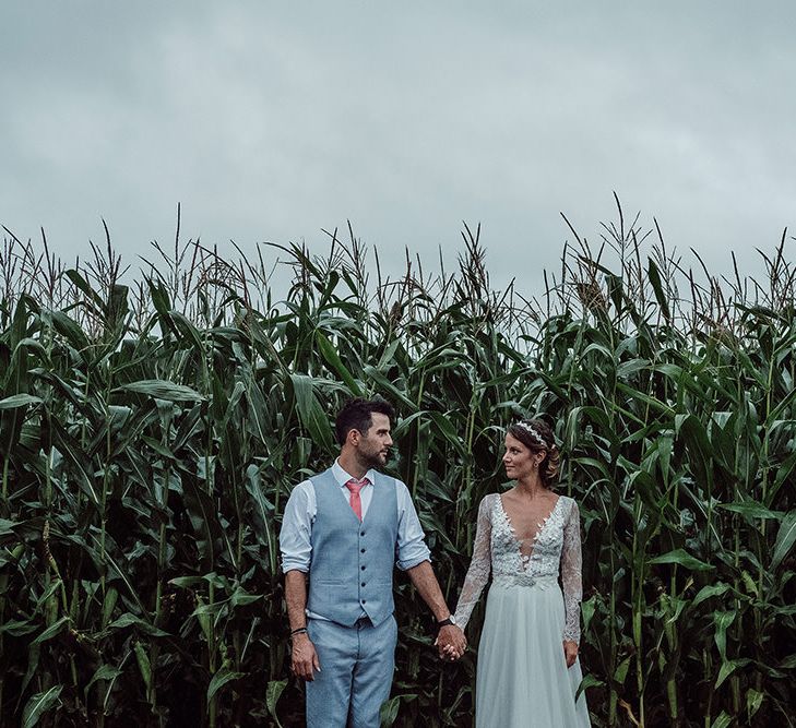 Bride in Anna Georgina Wedding Gown & Augusta Jones Tulle Skirt | Groom in Grey Burton Suit | Rustic At Home Tipi Reception with Blush Colour Scheme | Jason Mark Harris Photography | Harris Films