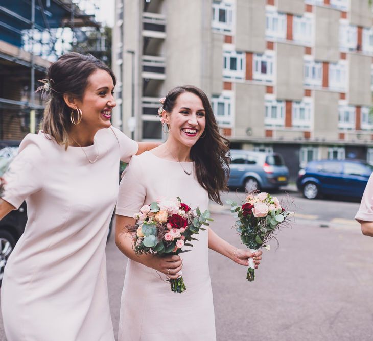 Bridesmaids In Pink Shift Dresses