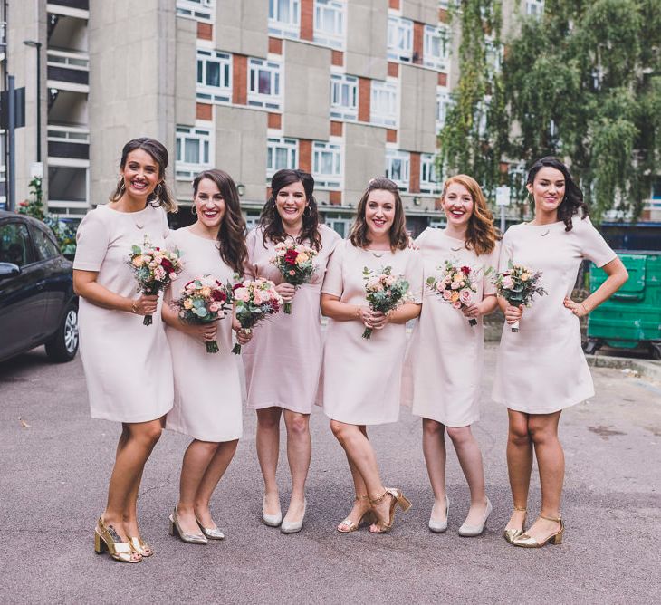 Bridesmaids In Pink Shift Dresses