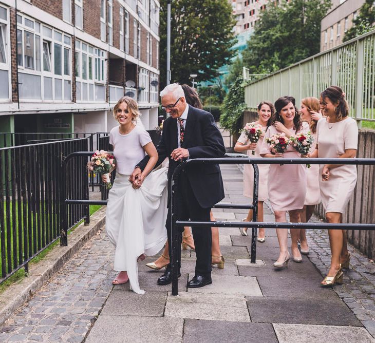 Bride In Cashmere Jumper Inspired By Olivia Palermo And Bridesmaids In Pink Shift Dresses For A Relaxed London Pub Wedding Images O&C Photography