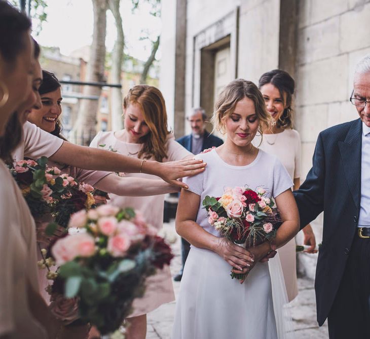 Bride In Cashmere Jumper Inspired By Olivia Palermo And Bridesmaids In Pink Shift Dresses For A Relaxed London Pub Wedding Images O&C Photography