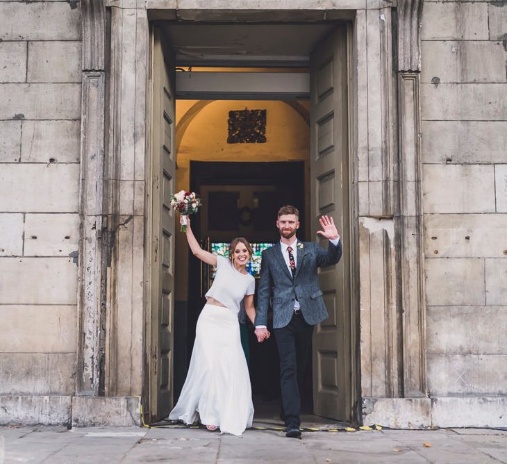 Bride In Cashmere Jumper Inspired By Olivia Palermo And Bridesmaids In Pink Shift Dresses For A Relaxed London Pub Wedding Images O&C Photography