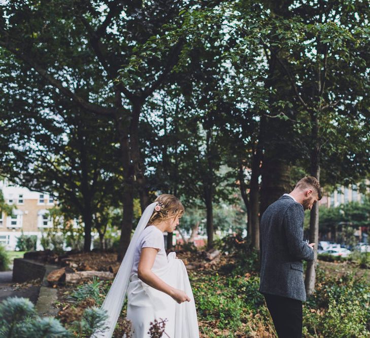 Bride In Cashmere Jumper Inspired By Olivia Palermo And Bridesmaids In Pink Shift Dresses For A Relaxed London Pub Wedding Images O&C Photography