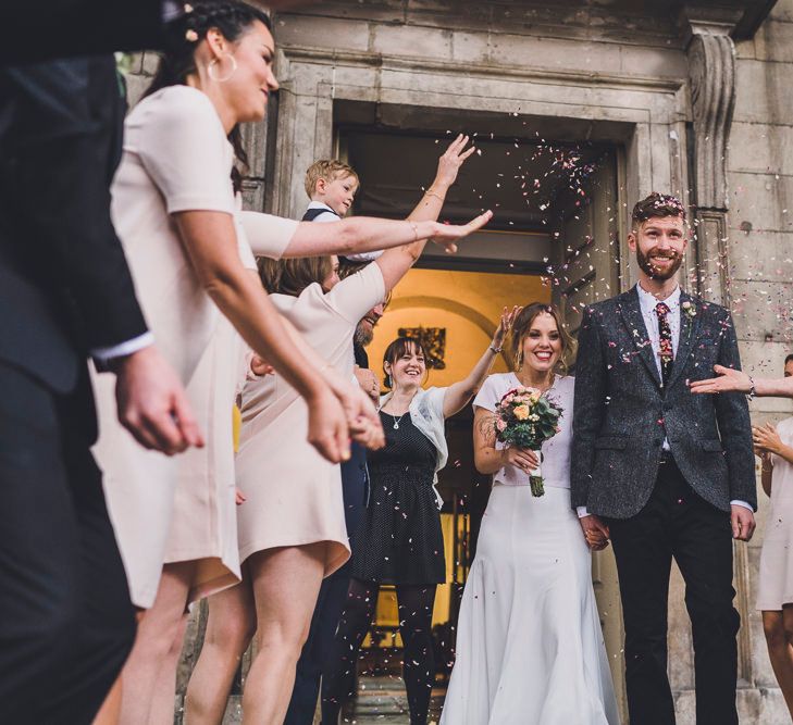 Bride In Cashmere Jumper Inspired By Olivia Palermo And Bridesmaids In Pink Shift Dresses For A Relaxed London Pub Wedding Images O&C Photography