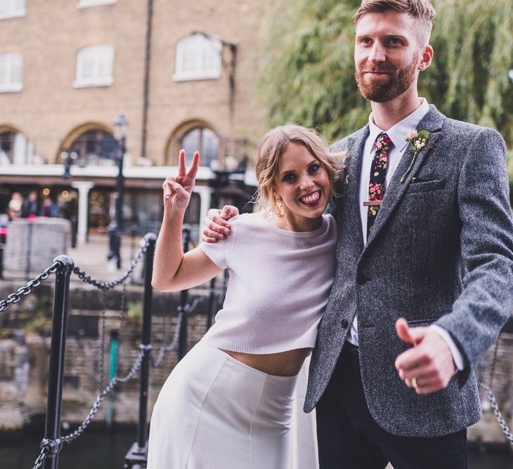 Bride In Cashmere Jumper Inspired By Olivia Palermo And Bridesmaids In Pink Shift Dresses For A Relaxed London Pub Wedding Images O&C Photography