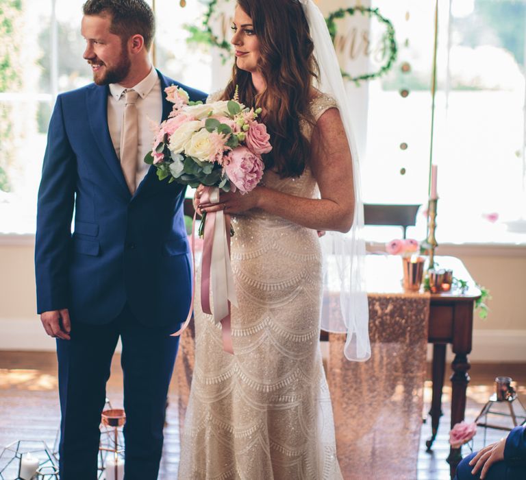 Vintage Inspired Wedding At Yeldersley Hall With Bride In Ronald Joyce And Styling By The Vintage House That Could Images By Roar Photography