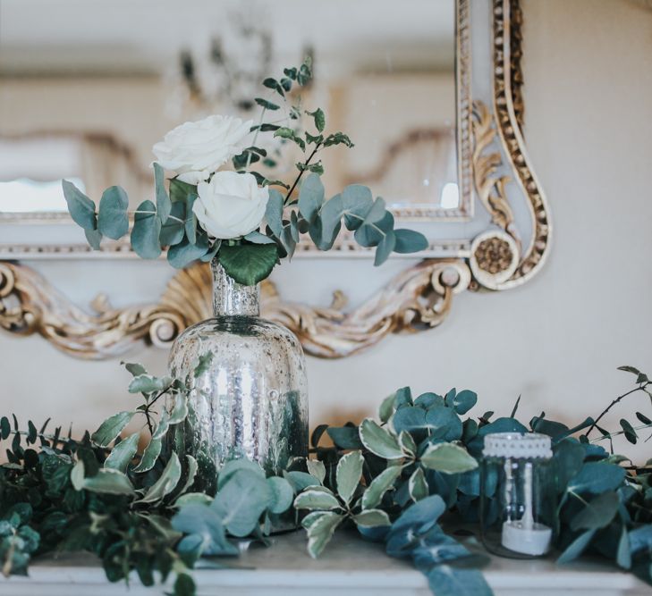 Mercury Glass Vase, Eucalyptus & White Flowers