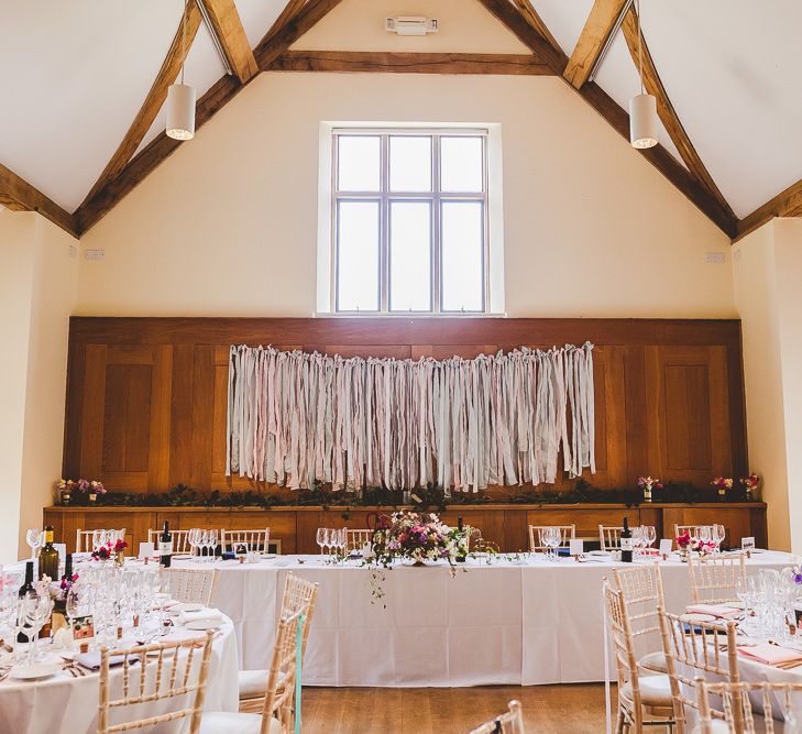 Ribbon Top Table Backdrop Wedding Decor | Outdoor Ceremony at Sulgrave Manor Northamptonshire | Nicola Casey Photography