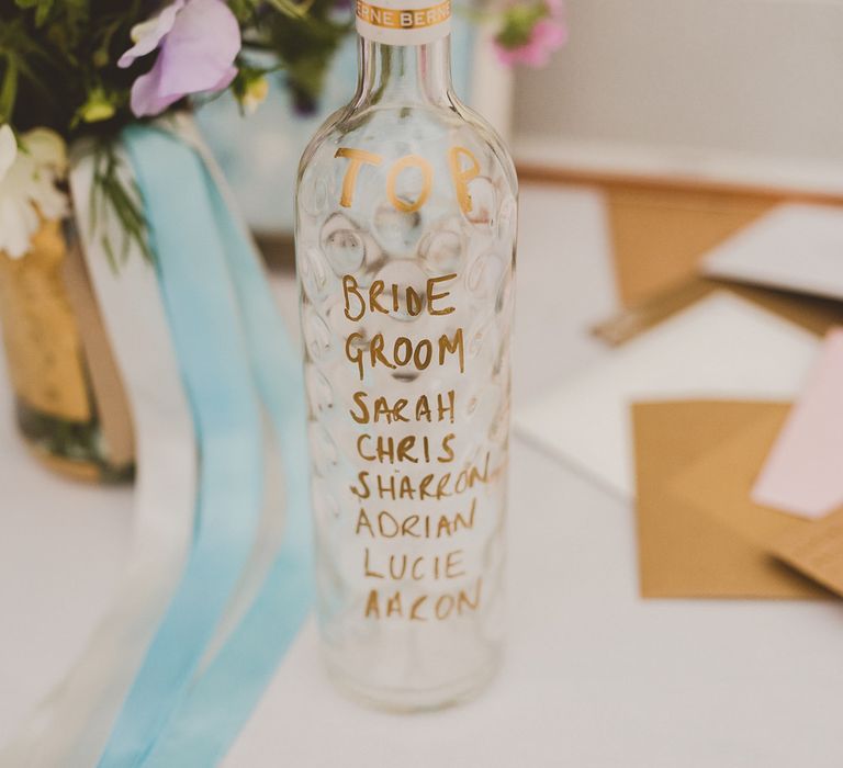 Top Table Bottle Table Plan | Wedding Decor | Outdoor Ceremony at Sulgrave Manor Northamptonshire | Nicola Casey Photography