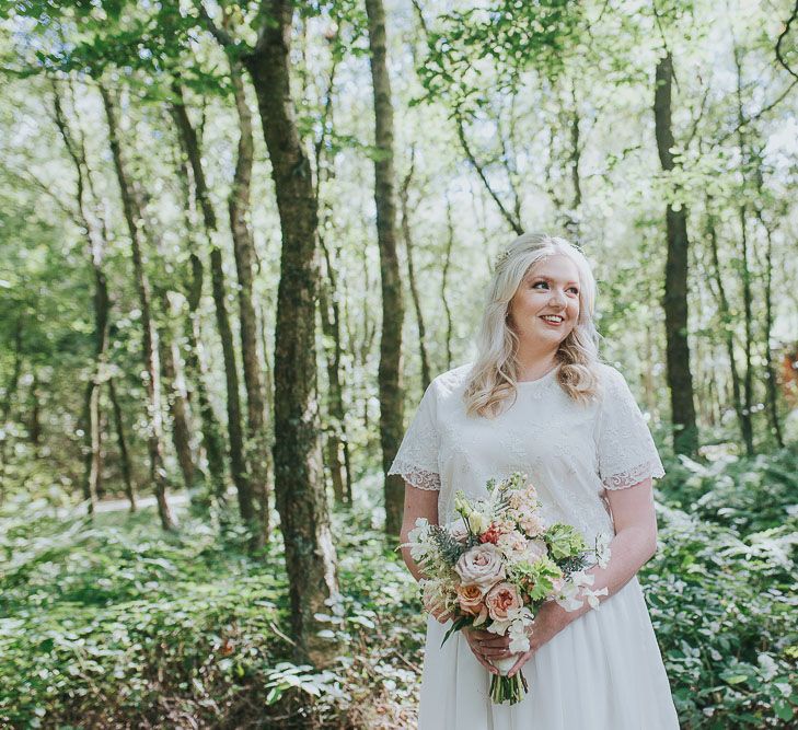 Bride in Custom Made Separates | Pink & Gold Summer Wedding at East Riddlesden Hall Barn, Wiltshire | Laura Calderwoods Photography