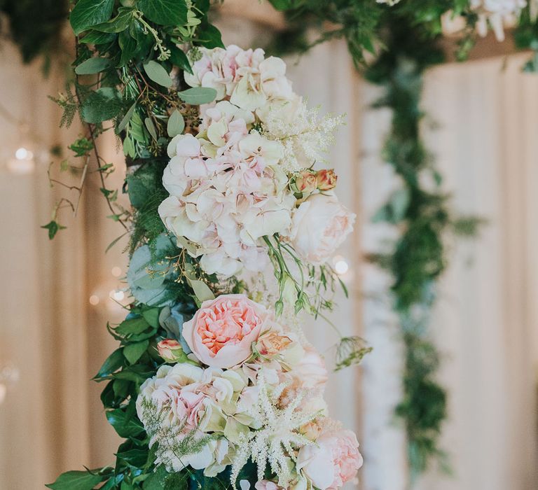 Foliage & Blush Pink Flower Arch | Pink & Gold Summer Wedding at East Riddlesden Hall Barn, Wiltshire | Laura Calderwoods Photography