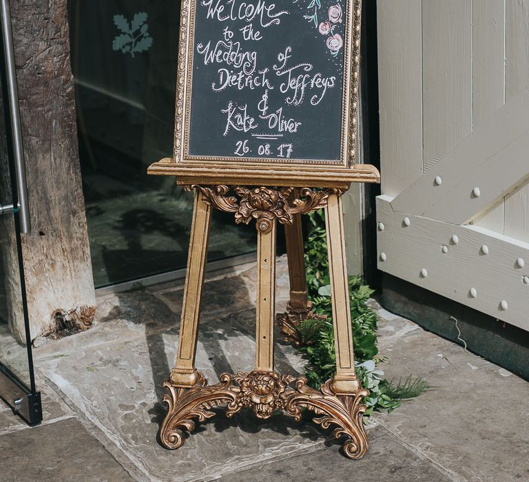 Gold Guilt Easel & Wedding Welcome Sign | Pink & Gold Summer Wedding at East Riddlesden Hall Barn, Wiltshire | Laura Calderwoods Photography