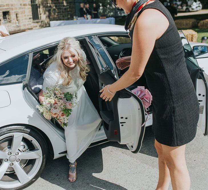 Bridal Entrance in Bespoke Separates | Pink & Gold Summer Wedding at East Riddlesden Hall Barn, Wiltshire | Laura Calderwoods Photography