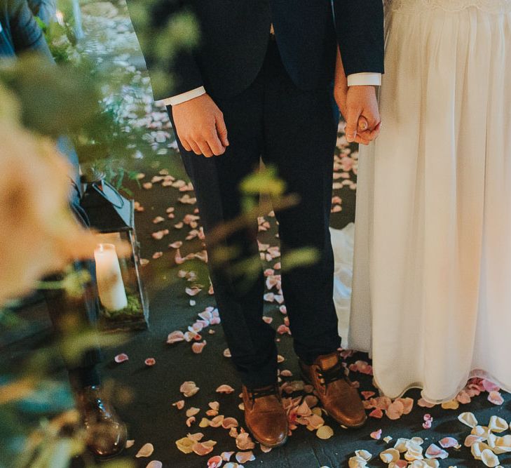 Petals on the Floor | Wedding Ceremony | Pink & Gold Summer Wedding at East Riddlesden Hall Barn, Wiltshire | Laura Calderwoods Photography