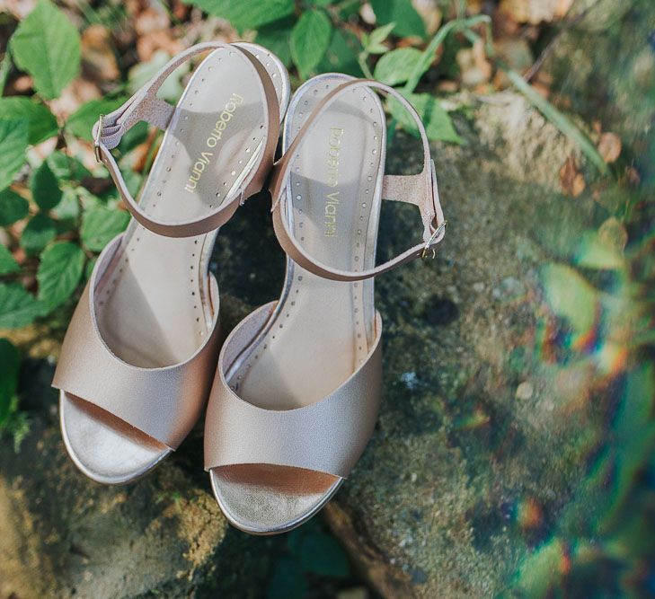 Gold Sandal Wedding Shoes | Pink & Gold Summer Wedding at East Riddlesden Hall Barn, Wiltshire | Laura Calderwoods Photography