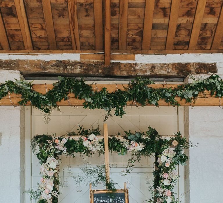 Floral Arch | Order of The Day Wedding Sign | Wedding Decor & Flowers | Pink & Gold Summer Wedding at East Riddlesden Hall Barn, Wiltshire | Laura Calderwoods Photography