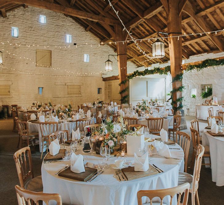 Wedding Reception Decor | Festoon Lights | Pink & Gold Summer Wedding at East Riddlesden Hall Barn, Wiltshire | Laura Calderwoods Photography