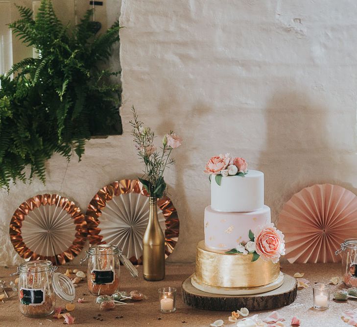 Homemade Gold, Blush & White Iced Wedding Cake | Pink & Gold Summer Wedding at East Riddlesden Hall Barn, Wiltshire | Laura Calderwoods Photography