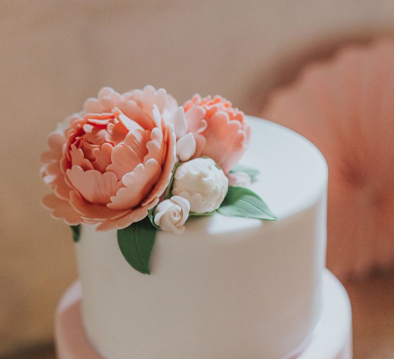 Homemade Gold, Blush & White Iced Wedding Cake | Pink & Gold Summer Wedding at East Riddlesden Hall Barn, Wiltshire | Laura Calderwoods Photography