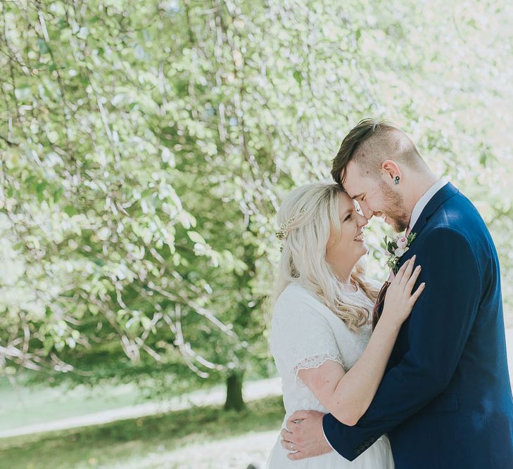 Portrait | Bride in Custom Made Separates | Groom in Next Suit | Pink & Gold Summer Wedding at East Riddlesden Hall Barn, Wiltshire | Laura Calderwoods Photography