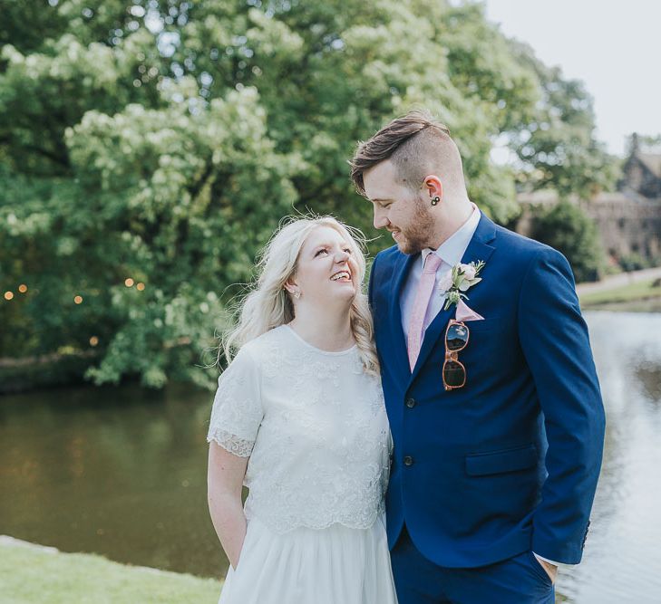 Portrait | Bride in Custom Made Separates | Groom in Next Suit | Pink & Gold Summer Wedding at East Riddlesden Hall Barn, Wiltshire | Laura Calderwoods Photography