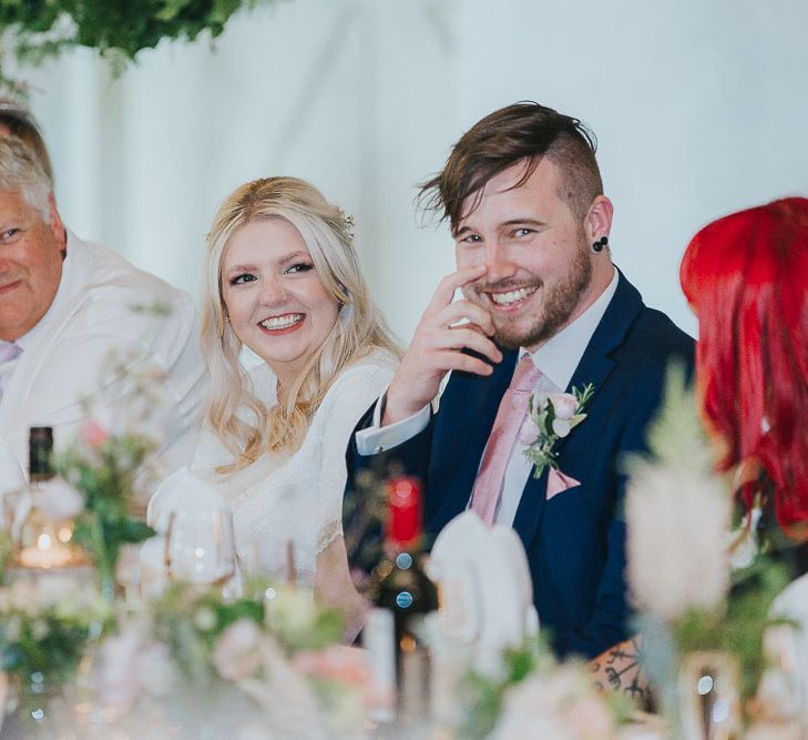 Wedding Reception Speeches | Bride in Custom Made Separates | Groom in Next Suit | Pink & Gold Summer Wedding at East Riddlesden Hall Barn, Wiltshire | Laura Calderwoods Photography