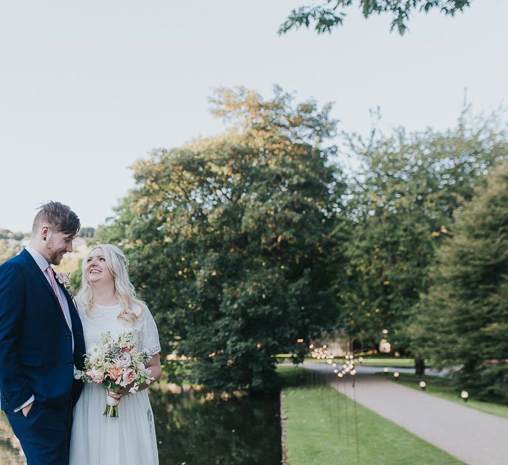 Portrait | Bride in Custom Made Separates | Groom in Next Suit | Pink & Gold Summer Wedding at East Riddlesden Hall Barn, Wiltshire | Laura Calderwoods Photography