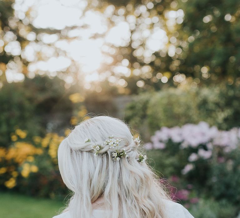 Half Up Half Down Hairstyle with Flowers | Pink & Gold Summer Wedding at East Riddlesden Hall Barn, Wiltshire | Laura Calderwoods Photography