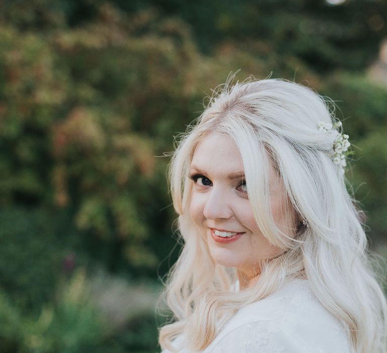 Bride in Custom Made Separates | Pink & Gold Summer Wedding at East Riddlesden Hall Barn, Wiltshire | Laura Calderwoods Photography