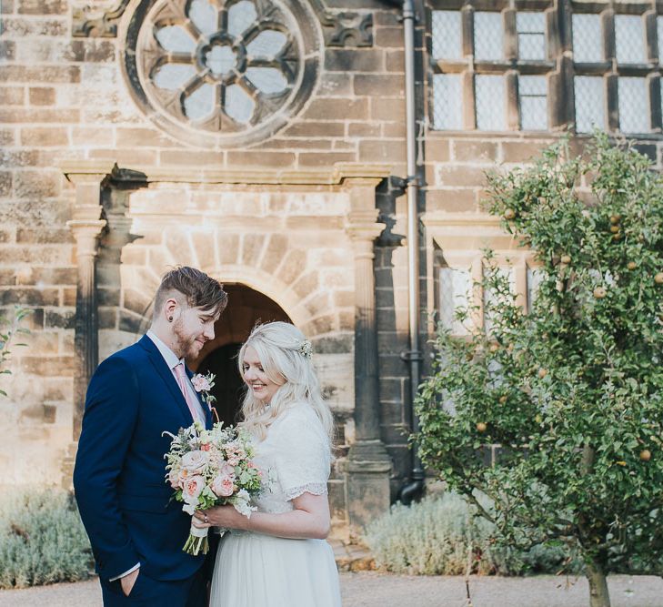 Portrait | Bride in Custom Made Separates | Groom in Next Suit | Pink & Gold Summer Wedding at East Riddlesden Hall Barn, Wiltshire | Laura Calderwoods Photography