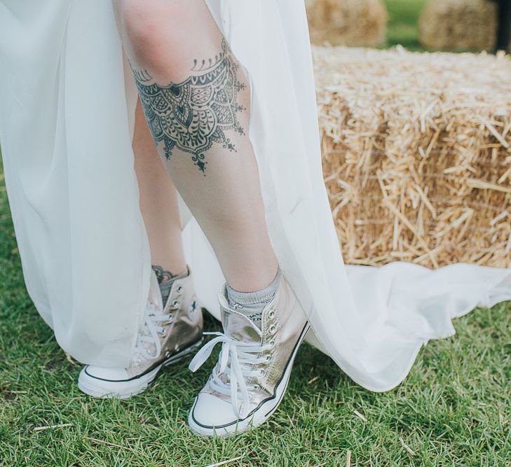 Gold Converse Trainers | Pink & Gold Summer Wedding at East Riddlesden Hall Barn, Wiltshire | Laura Calderwoods Photography