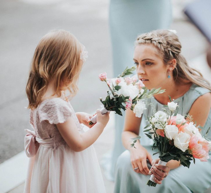 Bridesmaid in Claudia Pastel Green Ghost Gown & Flower Girl