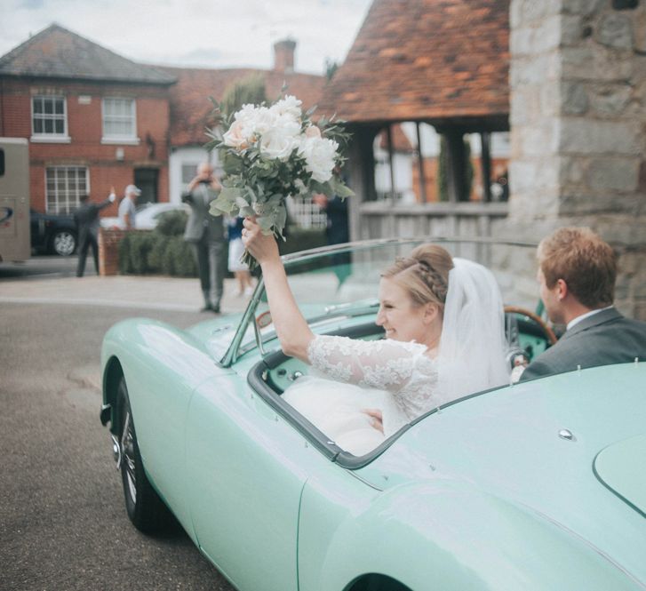 Vintage Wedding Car Exit with Bride in Pronovias White One Wedding Dress