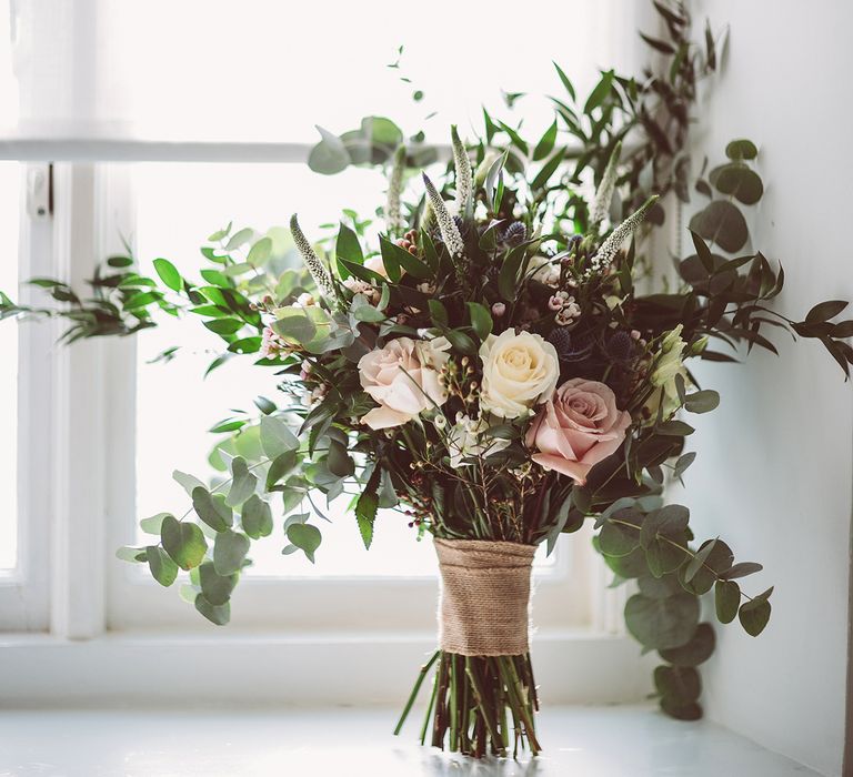 Rustic Wedding Bouquet With Roses And Foliage