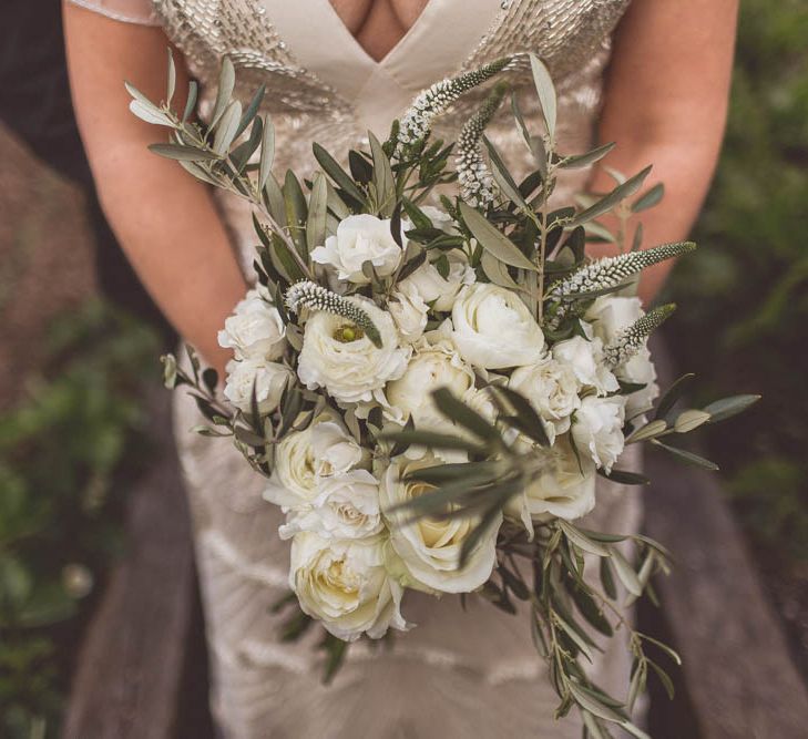 White & Greenery Bouquet | Bride in Maggie Sottero | Groom in Savile Row Suit | Ham Yard Hotel Wedding in London Soho | WE ARE // THE CLARKES