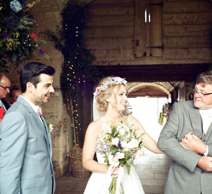 Bride With Pastel Flower Crown For A Rustic Music Themed Wedding At Stone Barn With Images From Weddings Vintage