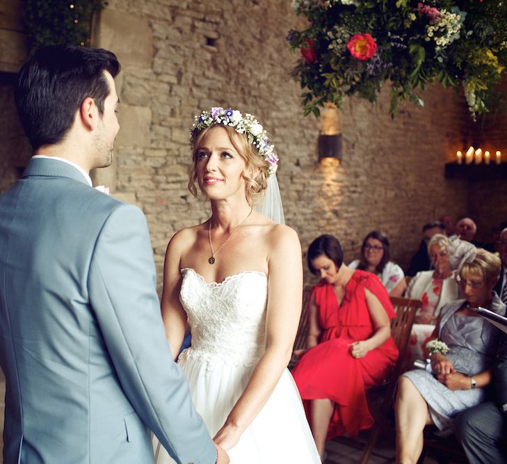 Bride With Pastel Flower Crown For A Rustic Music Themed Wedding At Stone Barn With Images From Weddings Vintage