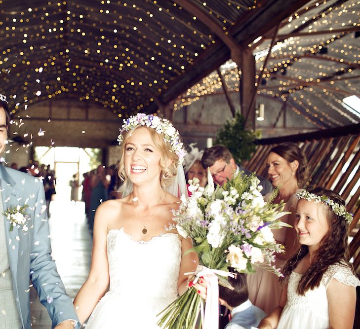 Bride With Pastel Flower Crown For A Rustic Music Themed Wedding At Stone Barn With Images From Weddings Vintage