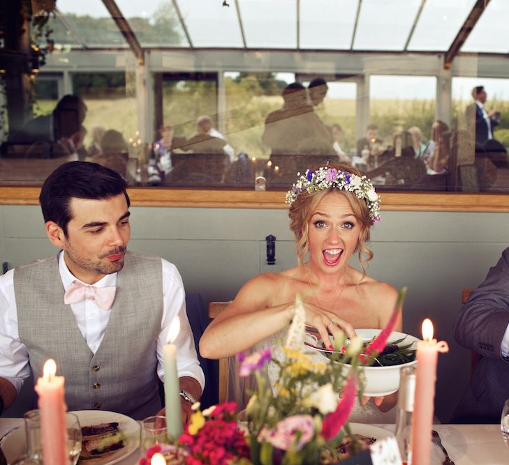 Bride With Pastel Flower Crown For A Rustic Music Themed Wedding At Stone Barn With Images From Weddings Vintage