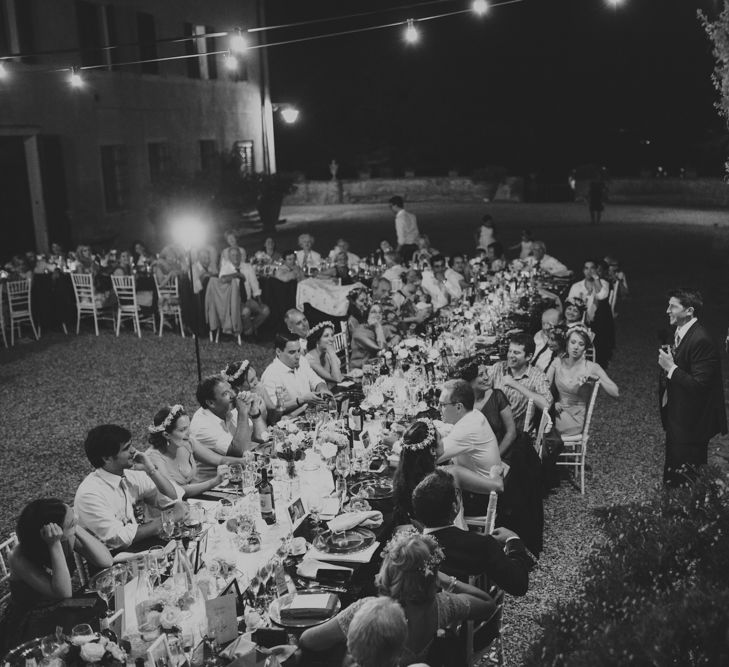 Outdoor Wedding Reception with Festoon Lights