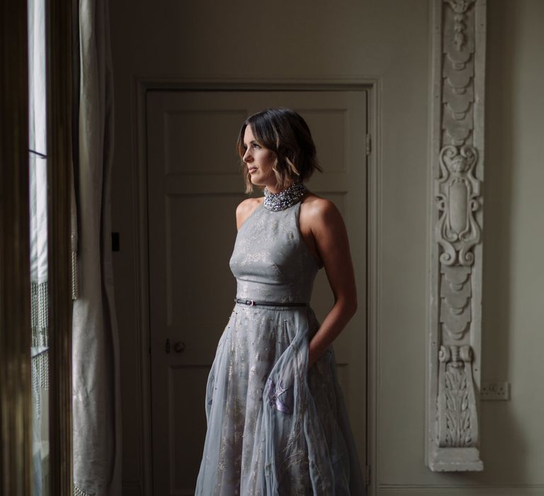 Bride in Bespoke Grey Tulle with Shimmering Gold Flecks Wedding Dress