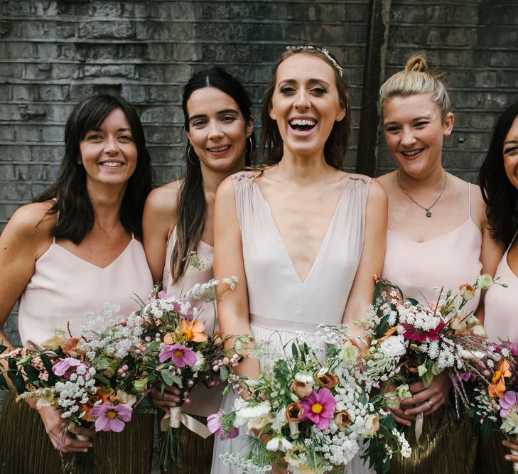 Bridesmaids in Gold Zara Skirts & ASOS Tops | Bridesmaid Separates