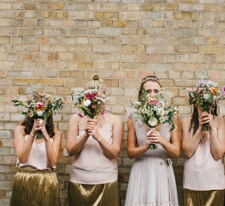 Bridesmaids in Gold Zara Skirts & ASOS Tops | Bridesmaid Separates