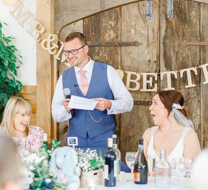 Bride in Ellis Bridal Gown | Groom in Dyfed Menswear Navy Suit | Romantic Pastel Wedding at Cripps Barn | White Stag Wedding Photography | Dan Hodge Wedding Films