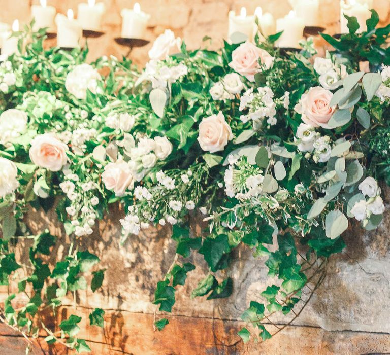 Pink, White & Green Flower Arrangement | Romantic Pastel Wedding at Cripps Barn | White Stag Wedding Photography | Dan Hodge Wedding Films