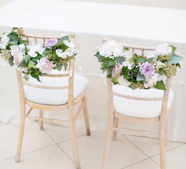 Floral Chair Back Decor | Pastel Wedding at Gaynes Park | Anneli Marinovich Photography